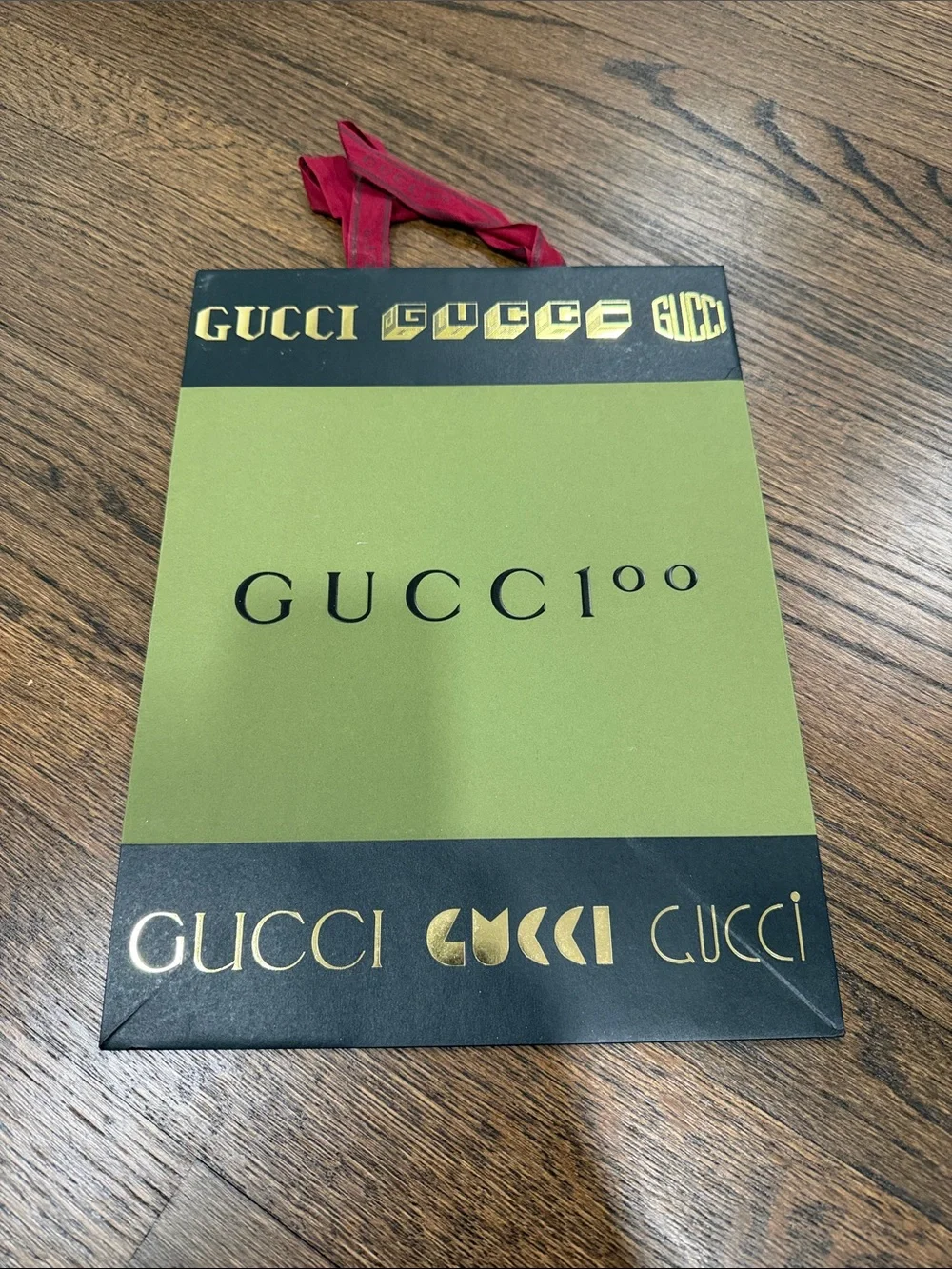 Gucci Green and Black Paper Shopping Bag with Red Ribbon Handles